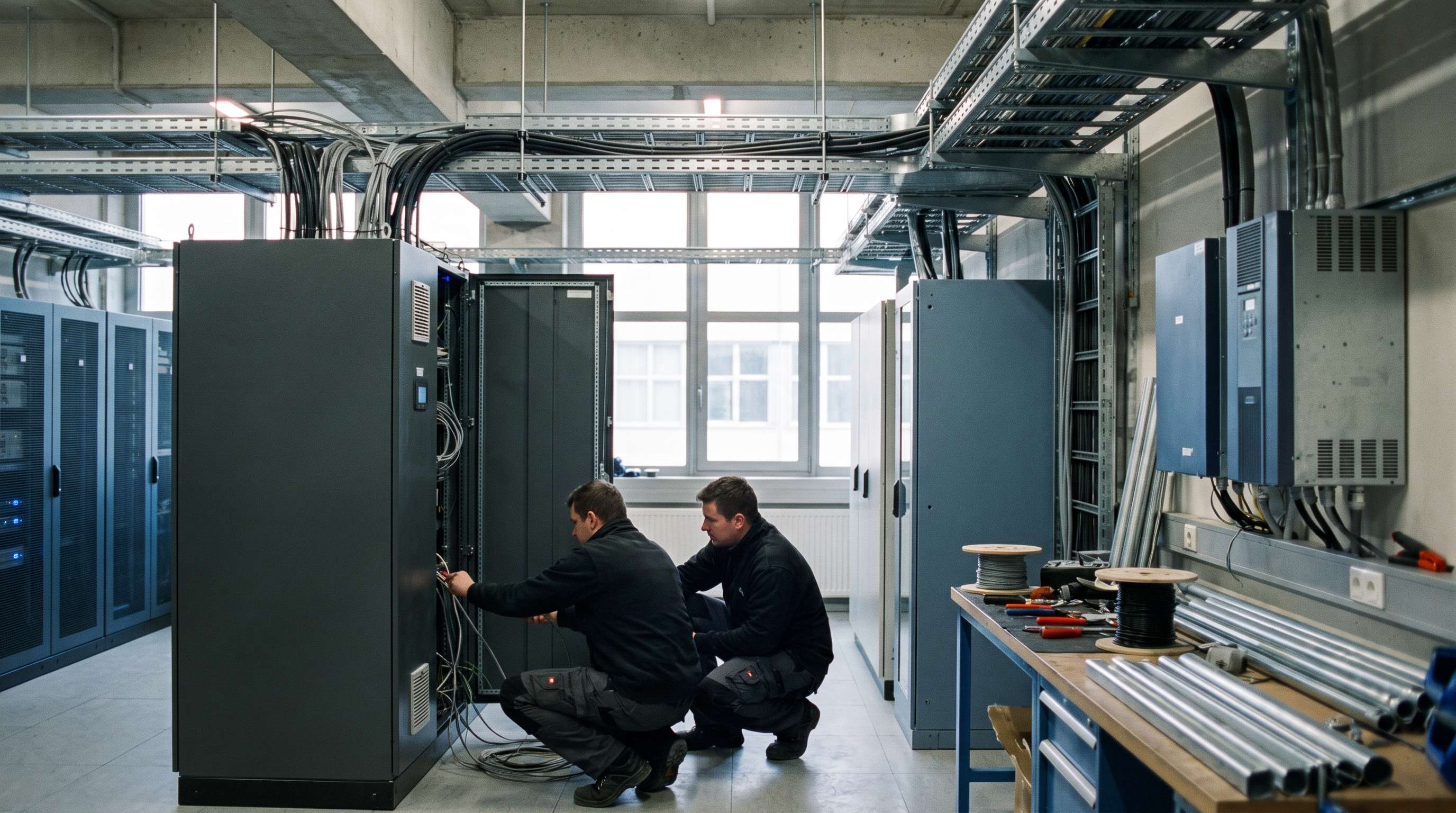 Elektroinstalater radi na razvodnom ormaru u modernom poslovnom objektu